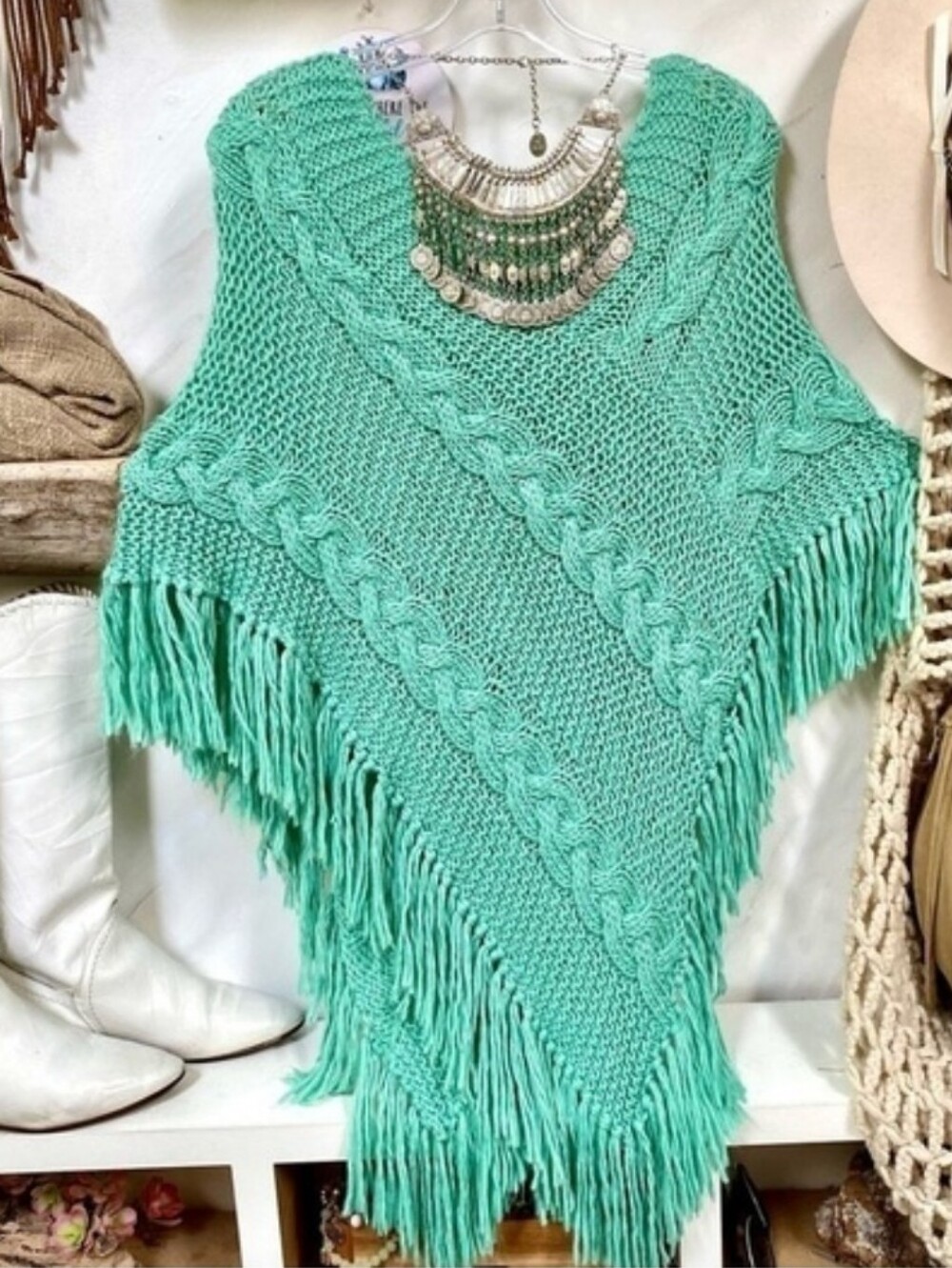 Gorgeous Turquoise Fringed Cable-Knit Poncho Sweater